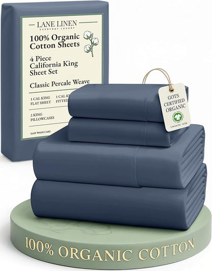 LANE LINEN 100% Organic Cotton Sheets for California King Size Bed - Soft Percale Sheets, Breathable Luxury Hotel Style Fully Elasticized Mercerized 15" Deep Pocket Cal King Sheet Set- Estate Blue