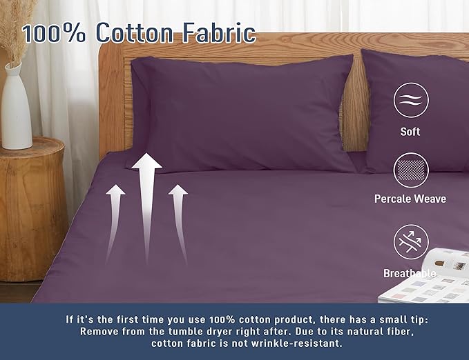 Pillow Cases, King Size Cotton Percale Weave Pillowcases, Pre-Shrunk Breathable and Hypoallergenic Pillowcases, Set of 2 (2 Piece King 20 Inch x 40 Inch, Dark Purple)