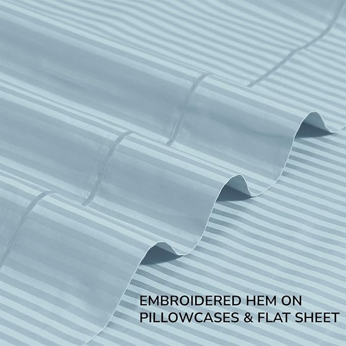 Feather & Stitch 500 TC Split King Size Sheet Set, 5 Piece Bed Sheets Set-2 Twin Fitted Sheet, 1 King Flat Sheet & 2 King Pillowcases, 18" Deep Pockets Sateen Weave Striped Bedsheet - (Aqua Stripe)