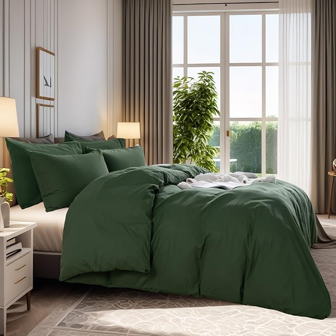NEXHOME PRO Duvet Cover Set Oversized Queen 98"x98" Linen Look Textured Organic Natural 100% Washed Cotton Duvet Cover 3 Pieces Bedding Set Zipper Closure, Breathable, Forest Green (No Comforter)