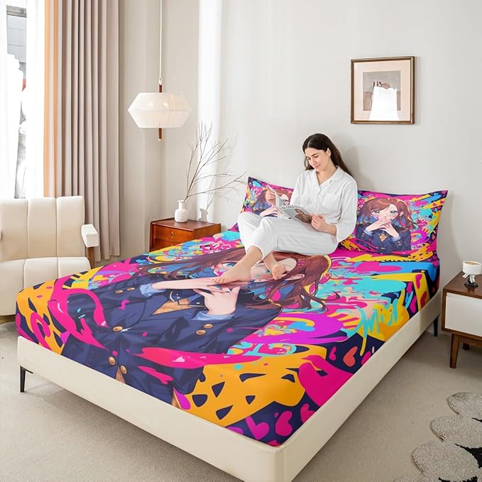 Erosebridal Anime Girl Full Bed Sheets, Japanese Anime Bedding Set 3 Piece for Kids Girls Teens Adult Bedroom Decor, Cartoon Girl Fitted Sheet Kawaii Japanese Animation Sheets
