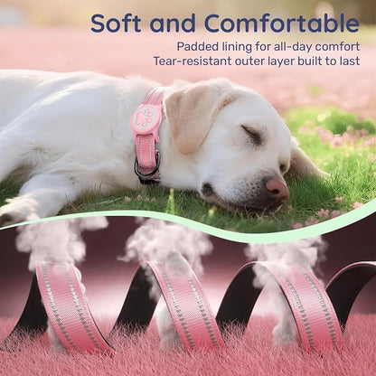 Premium Airtag Dog Collar,with IP68 Waterproof AirTag Holder,Pink,L | Soft,Breathable,Nylon Padded,Reflective,Ultra-Durable Buckle,Adjustable,Comfortable for Small Medium Large Dogs