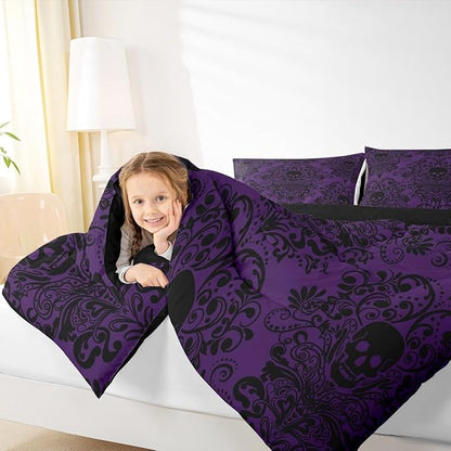 Feelyou Adults Gothic Skull Bedding Set Twin Size Kids Damask Print Comforter Goth Bohemian Duvet Breathable Soft Lightweight Microfiber Black Purple Room Decor with 1 Pillowcase
