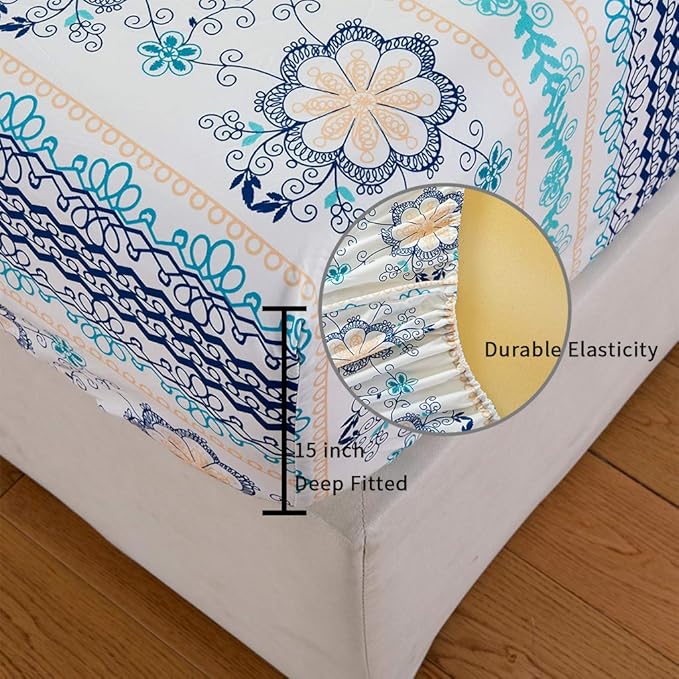 JSD Blue Boho Printed Sheet Set Queen Size, 4 Piece Soft Floral Microfiber Sheets Extra Deep Pocket