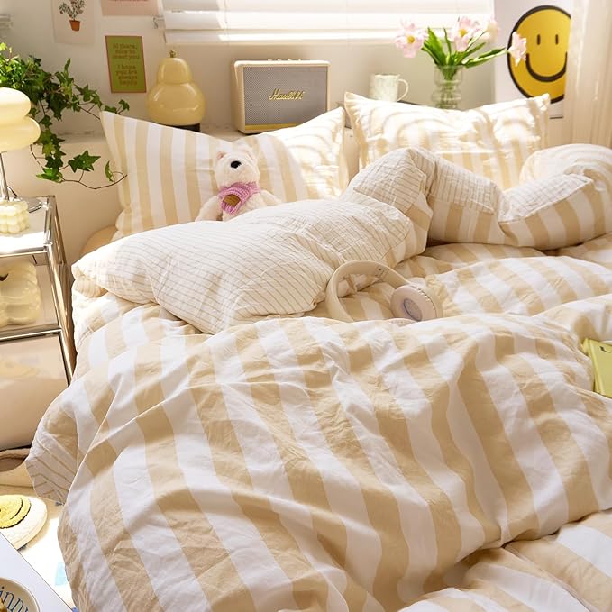 EAVD Beige Striped Duvet Cover King Soft Washed Microfiber Striped Reversible Bedding Set with 2 Pillowcases Modern Farmhouse Geometric Pattern Duvet Cover with Zipper Closure