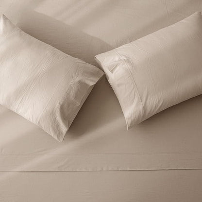JIYUAN Queen Size Sheet Set, 4-Piece - 100% Washed Cotton, Linen-Like Soft & Breathable, Includes Deep Pocket Fitted & Flat Sheet with 2 Pillowcases, Hotel Quality, Heathered Tannish Linen Grey