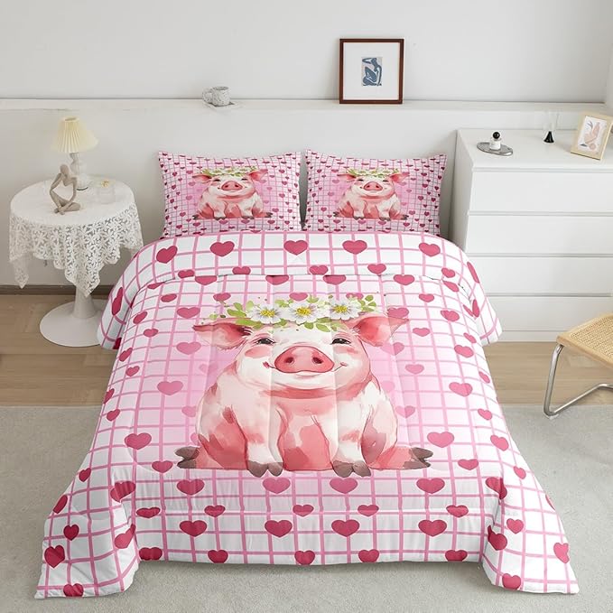 Cute Pig Bedding Set Full, Cherry Blossoms Comforter Set For Girls Kids, Cartoon Pet Animal Duvet Set, Pink Grid Heart Pattern Lattice Quilted Duvet, Farmhouse Bedding Comforters, All Season