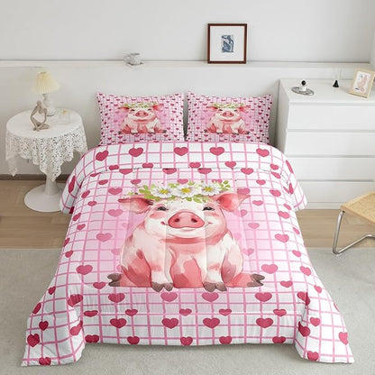 Cute Pig Bedding Set Full, Cherry Blossoms Comforter Set For Girls Kids, Cartoon Pet Animal Duvet Set, Pink Grid Heart Pattern Lattice Quilted Duvet, Farmhouse Bedding Comforters, All Season