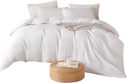 Queen Comforter Set Striped White - Soft Luxury Washed Microfiber Jacquard 3 Pieces Bedding Set for All-Season with 2 Pillowcases, Breathable Durable Comfy