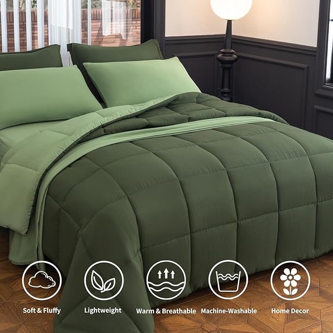 Queen Size Comforter Set - 8 Piece Green All-Season Luxury Bedding with Reversible Lightweight Comforter, Bed Skirt, Flat Sheets, Pillowcases & Pillow Shams