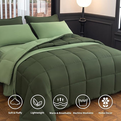 King Size Comforter Set - 8 Piece Dark Green All-Season Bedding with Breathable Reversible Down Lightweight Comforter, Bed Skirt, Flat Sheets, Pillowcases & Pillow Shams