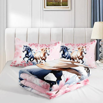 Horse Comforter Set Kids Bedding Queen Size,Pink Cherry Blossom Bedding Set for Girls Boys Teens Bedroom Decor Aesthetic,Galloping Horse Bedding Comforter Sets with 2 Pillowcases.