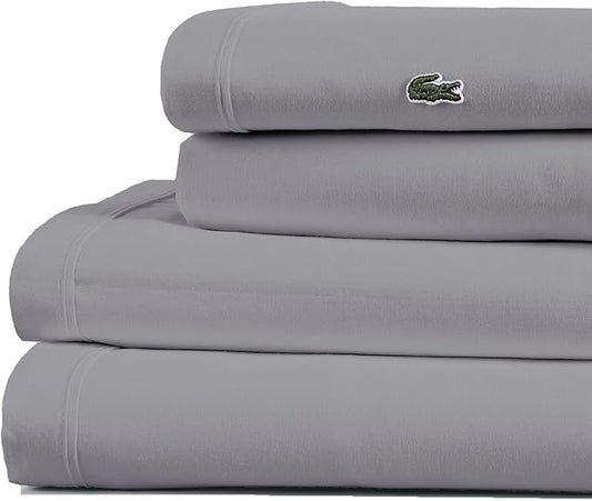 Lacoste 100% Cotton Percale 4-Piece Sheet Set – Cool, Crisp, Matte, and Durable, Oeko-Tex Certified – Solid, Sleet, King