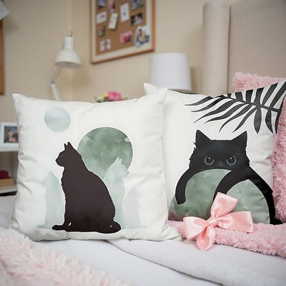 Sage Green Cat Throw Pillow Covers 18x18 Set of 2, for Cat Lovers,Boho Black Cat Pillowcases, Aesthetic Green and Black Decor for Dorm Bedroom Office(01)