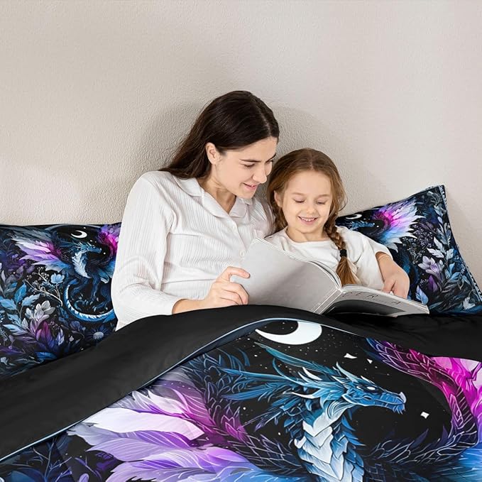 Feelyou Dragon Bedding Set Soft for Boys Girls, Wild Life Comforter Set Toddler Size Jungle Dragon Duvet Quilt Microfiber Wild Animal Bedroom Decor Dark Blue 2 Pcs with 1 Pillow Cases