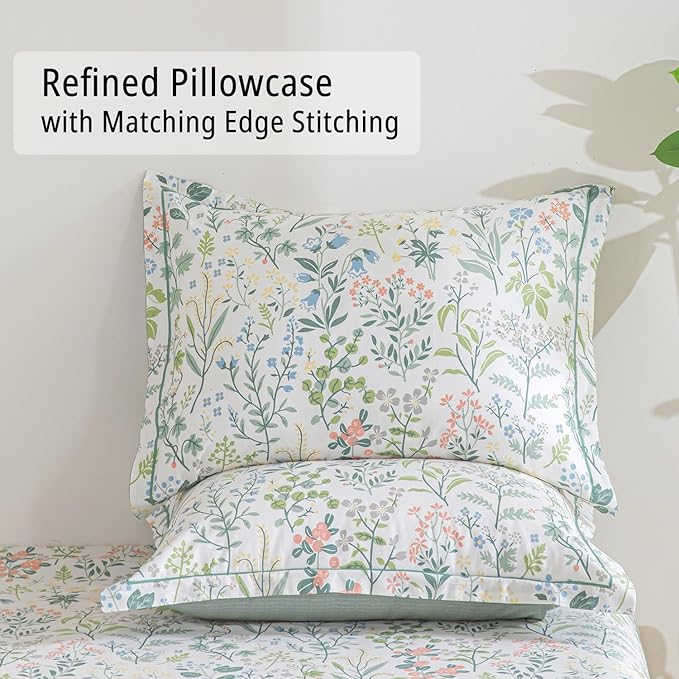 Floral Cotton Comforter King Size - Botanical Wildflower Pattern with Soft Pestel Accents on White, Textured Dusty Green Back, 3PC Lightweight Bedding Set with Down Alternative Fill(104"×90")