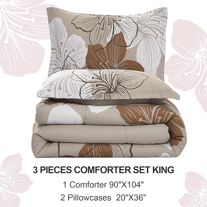 Menghomeus Brown Comforter Set King Taupe Floral Comforter Botanical Bedding Sets, Soft Bed Comforter Set for All Season (1 Comforter, 2 Pillowcases)