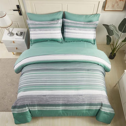 KAKIJUMN 7 Piece Bed in a Bag Stripe Comforter Set King Size, White Grey Sage Green Patchwork Striped Comforter and Sheet Set, All Season Soft Microfiber Complete Bedding Sets(Green,King)
