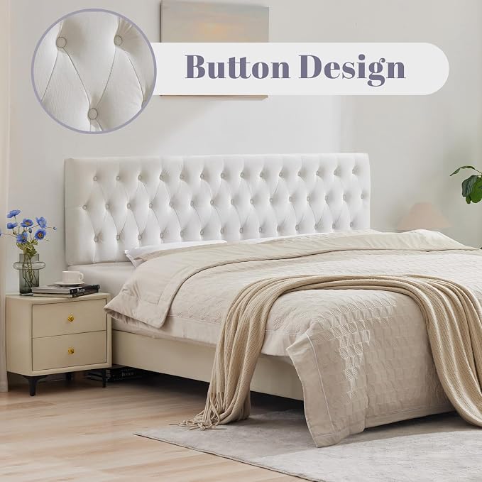 Tufted Upholstered Queen Size Bed Headboard in Modern Button Design, Adjustable Solid Wood Head Board, Premium Velvet Fabric Padded Headboards in Bedroom (White)