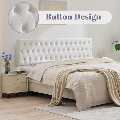 Tufted Upholstered Queen Size Bed Headboard in Modern Button Design, Adjustable Solid Wood Head Board, Premium Velvet Fabric Padded Headboards in Bedroom (White)