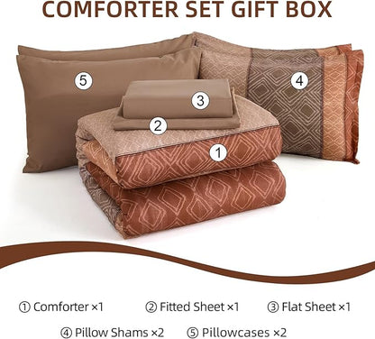 Dinjoy Boho Queen Comforter Set Red Brown,7 Piece Bed in a Bag Queen Size Warm Striped Bedding Sets with Plaid Fall Comforters Bed Set with Sheets for Family All Season