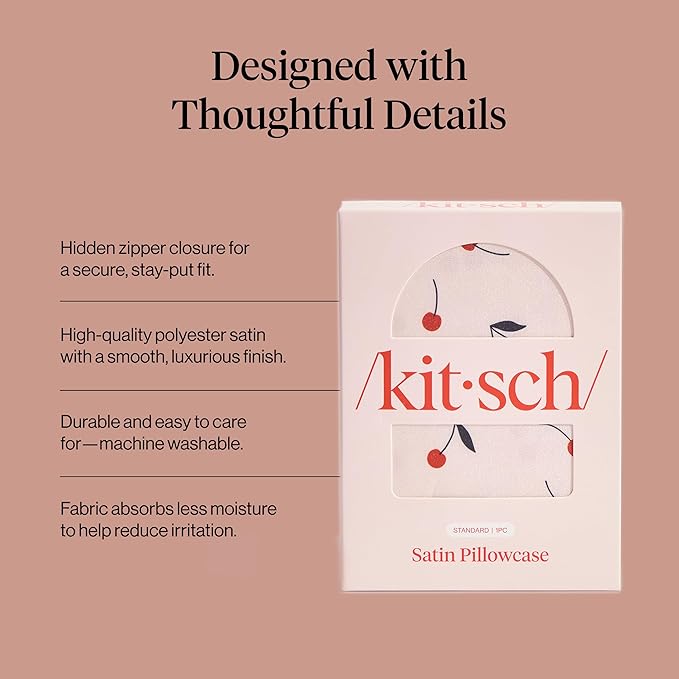 Kitsch Satin Pillowcase with Zipper for Hair & Skin - Softer Than Silk Pillow Cases, Smooth Cooling Satin Pillow Case, Wrinkle-Free, Machine Washable, Pillow Cases Standard Size 19x26 - Cherry Print