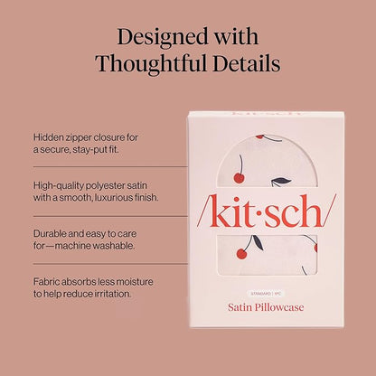Kitsch Satin Pillowcase with Zipper for Hair & Skin - Softer Than Silk Pillow Cases, Smooth Cooling Satin Pillow Case, Wrinkle-Free, Machine Washable, Pillow Cases Standard Size 19x26 - Cherry Print