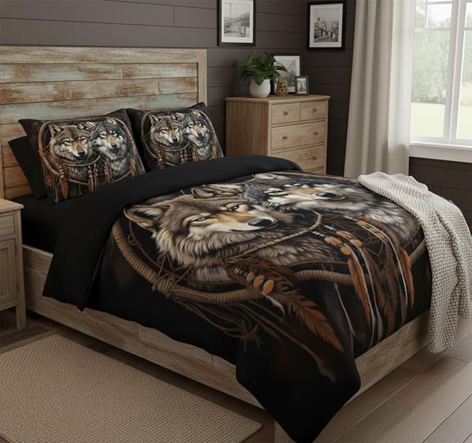 Black Brown Wolf Queen Size Comforter Set, Farmhouse Wildlife Animal Bedding Set for Boys Teens Adult Women, 3 Pcs Rustic Dreamcatcher Quilted Comforter with 2 Pillowcases/90 x90
