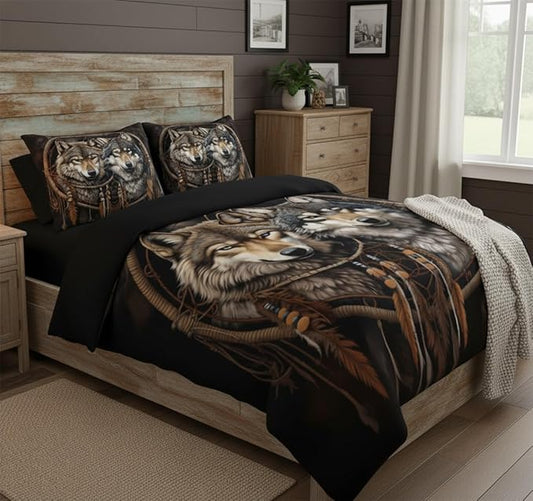 Black Brown Wolf Queen Size Comforter Set, Farmhouse Wildlife Animal Bedding Set for Boys Teens Adult Women, 3 Pcs Rustic Dreamcatcher Quilted Comforter with 2 Pillowcases/90 x90
