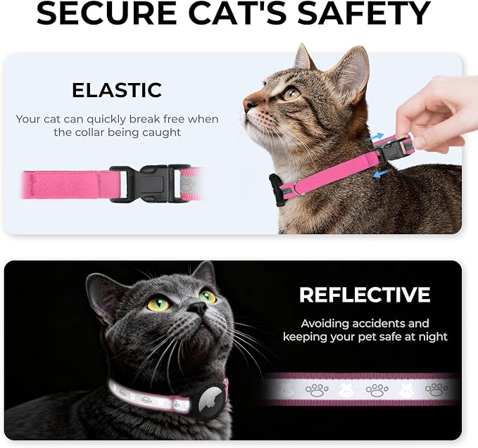Breakaway AirTag Cat Collar, Reflective Cat Tracker Collar with Bell | Built in AirTag Holder, Adjustable 8.5-12in for Cats, Kittens and Puppies, Safety Elastic Band, Reflective for Night Walking