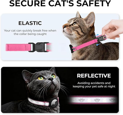 Breakaway AirTag Cat Collar, Reflective Cat Tracker Collar with Bell | Built in AirTag Holder, Adjustable 8.5-12in for Cats, Kittens and Puppies, Safety Elastic Band, Reflective for Night Walking