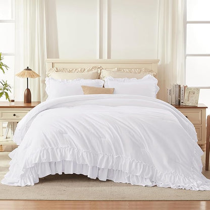 Andency White Ruffle Comforter Set King, Shabby Chic Farmhouse Bedding Comforter, Soft Lightweight Fluffy Microfiber Bet Set All Season 3 Pieces Solid Comforter Set