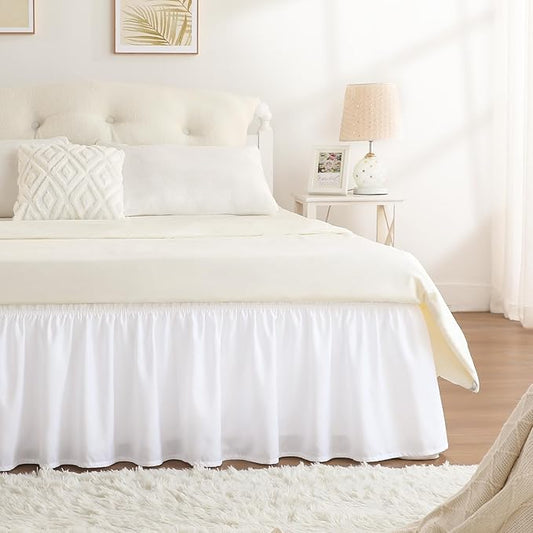 RIMELA White Bed Skirt King Size 21 Inch Drop, Elastic Bed Skirting for Bed Base and Frame, Bedding Dust Ruffle Easy to Install, Lightweight Wrap Around Adjustable Bedskirt