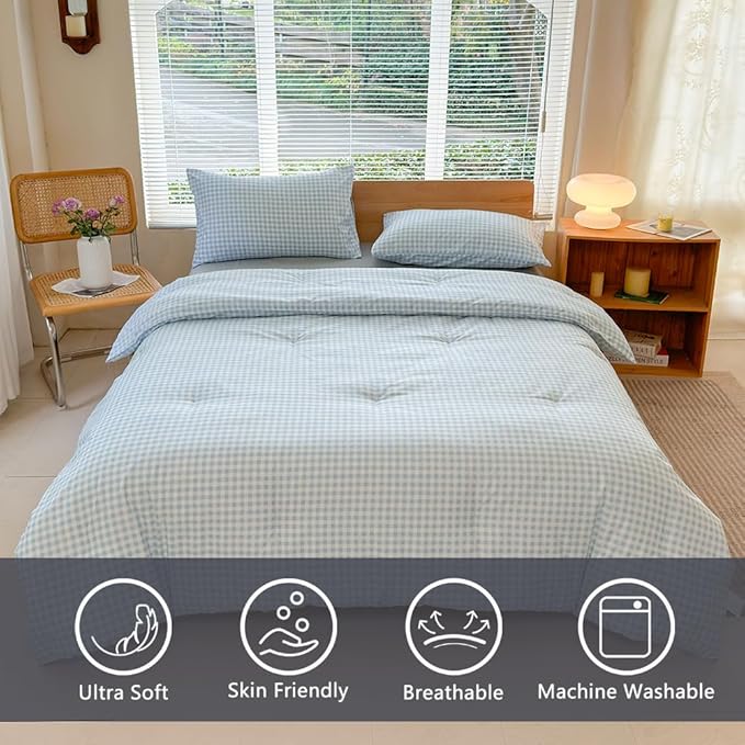 NSNLGSGC Twin Comforter Set, Light Blue Gingham Bedding Sets, Blue Grid Bed Comforter 2 Pieces (1 Comforter, 1 Pillowcase)
