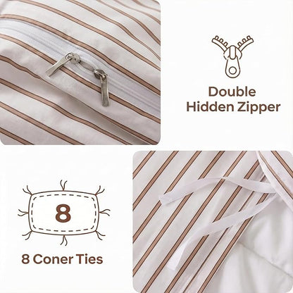 Bedbay Beige Striped Duvet Cover Set Queen Size, 100% Cotton Sateen Bedding, Soft & Breathable Neutral Bedding Set, Modern Farmhouse Style, 3 Pcs Striped Comforter Cover with Zipper & Corner Ties