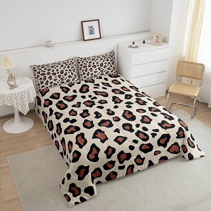 Feelyou Leapord Comforter Set King Size Leopard Print Comforter for Boys Girls Teens Cheetah Print Bedding Set Morden Duvet Set Room Decor Pale Brown Quilt Set
