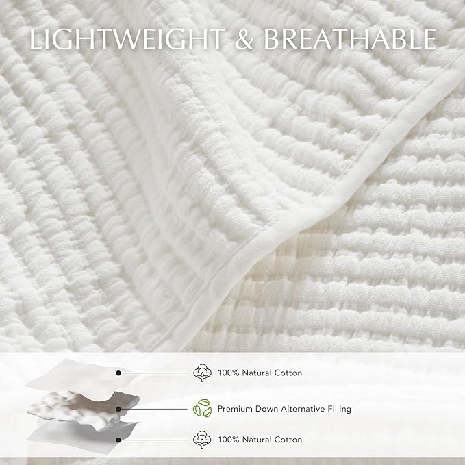 EVERGRACEHOME Cotton Coverlet Set Full Queen Size 3 Pieces, Lightweight Soft Ribbed Matelassé Bedspread Quilt Set, Cozy Oversized Quilted Bedding Set with 2 Pillow Shams for All Seasons, Ivory White