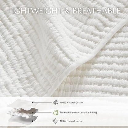 EVERGRACEHOME Cotton Coverlet Set Full Queen Size 3 Pieces, Lightweight Soft Ribbed Matelassé Bedspread Quilt Set, Cozy Oversized Quilted Bedding Set with 2 Pillow Shams for All Seasons, Ivory White