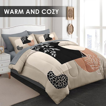 Comforter Set King Size, Boho Summer Vintage 7 Pcs Bedding for Kids and Adults, Bohemian Sun Earth Geometric Bed Sheet Sets with Fitted Sheet 2 Pillowcase & 2 Sham for Bedroom Bed Decor