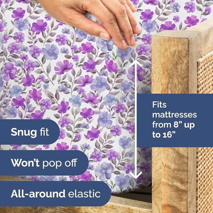 Floral Sheets - Purple Floral Bed Sheet Set - 1 Flat, 1 Fitted & 2 Pillowcases w/ Deep Pockets - Comfy, Wrinkle & Fade Free Boho Botanical Bedding - Ultra-Soft, Breathable & Cooling - Full Size New