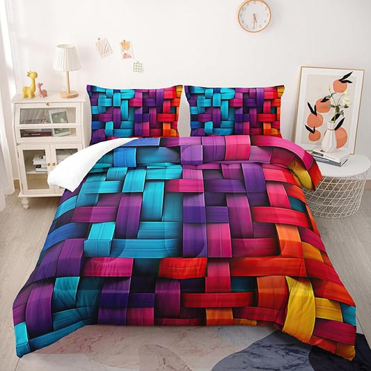 Colorful Checkered Comforter Set Full 3D Grid Bedding Sets 3PCS for Kids Teen Adult Room Decor Ultra-Soft Lightweight Microfiber 1 Comforter with 2 Pillowcases