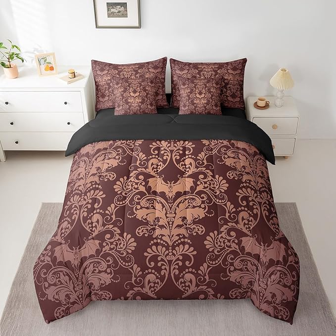Erosebridal Gothic Damask Comforter Set 7 Piece Bed in a Bag Twin,Halloween Bat Bedding Sets Brown Victorian Floral Goth Sheet Set with Comforter