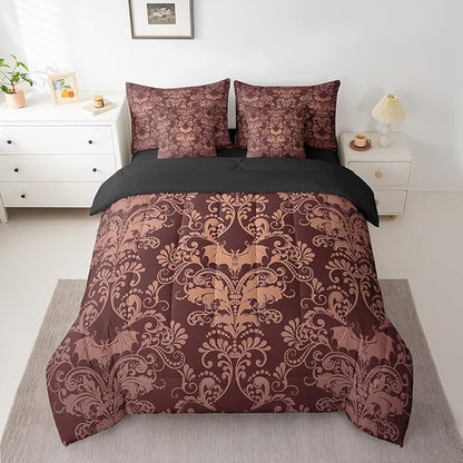 Erosebridal Gothic Damask Bed in a Bag King Size Comforter Set 7 Pieces,Halloween Bat Bedding Sets Brown Victorian Floral Goth Sheet Set with Comforter