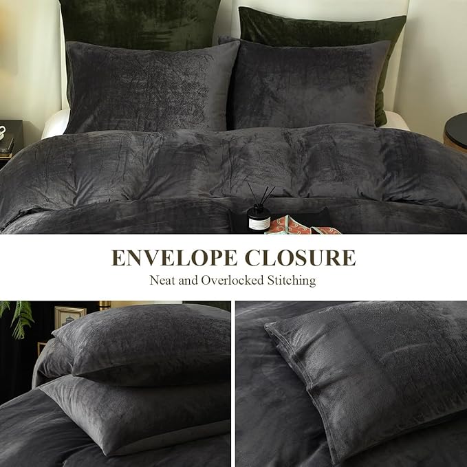 Ivellow Velvet Duvet Cover King Set Charcoal Gray Velvet Duvet Cover King Comforter Cover 3Pcs Ultra Soft Duvet Cover Breathable Solid Luxury Flannel Velour Duvet Cover Zipper Closure Corner Tie
