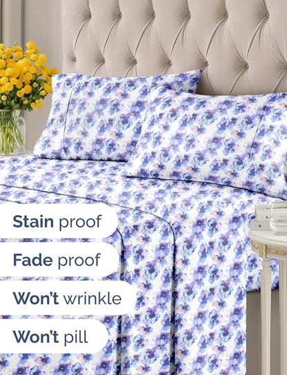 Floral Sheets - Flower Print Bed Sheet Set - 1 Flat, 1 Fitted & 2 Pillowcases w/ Deep Pockets - Comfy, Wrinkle & Fade Free - Boho Botanical Bedding - Soft, Breathable and Cooling - Cal King Size Set