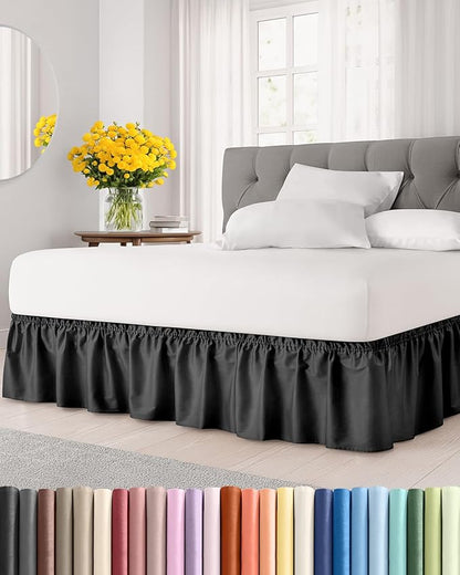 Wrap Around Dust Ruffle Bed Skirt - Black - for Full Size Beds with 24 Inch Drop - Easy Fit Elastic Strap - Adjustable Pleated Bedskirt w/Brushed Fabric - Wrinkle Free - for Women, Men, Kids & Teens