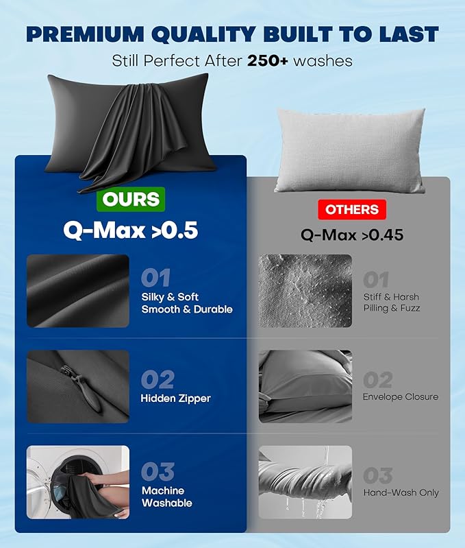 Ultra-Chill Cooling Pillowcase Set of 2 for Hot Sleepers, Softer Than Silk Pillow Cases for Protecting Hair & Skin, Breathable Bed Pillow Covers w/Zipper, Gifts for Women Men (Black, Standard)