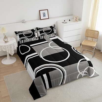 Erosebridal Modern Grey Black Striped Comforter Set Geometric Down Comforter Queen Size Retro Circle Swirls Bedding Set Bedroom Decor Abstract Texture Color Art Comforter for Kids Adult
