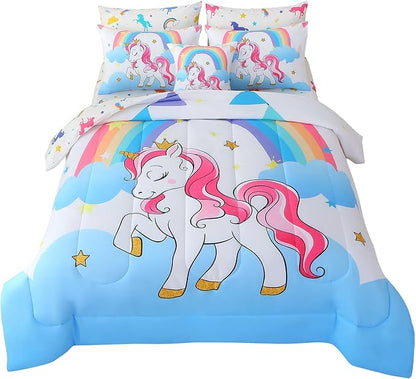 JQinHome Unicorn Queen Bedding Sets for Girls Kids,8 Piece Bed in A Bag 3D White Sky Rainbow Clouds Theme Unicorn Comforter Set with Sheet Set(White)
