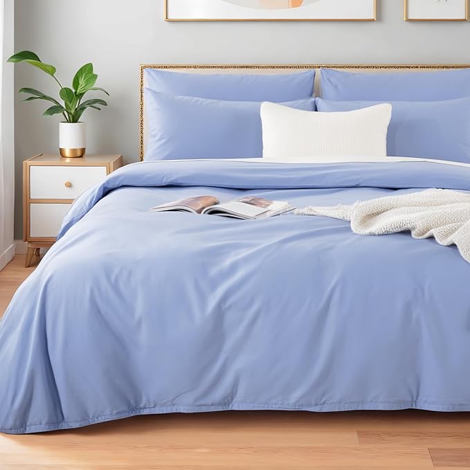 NEXHOME PRO King Duvet Cover Set, 100% Washed Cotton with Linen-Like Texture, Natural Organic, Breathable & Comfortable, Includes Home Bedding Set Baby Blue (No Comforter) 10490